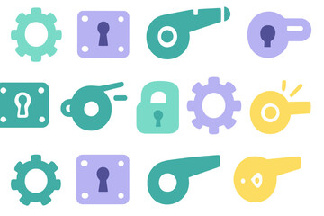 Seamless repeating pattern of security, mechanical settings, and alert icons featuring keyholes, gears, and whistles