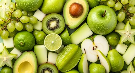 A dense, vibrant full-frame close-up of fresh green fruits and vegetables including apples, grapes, kiwi, avocado, and lime.