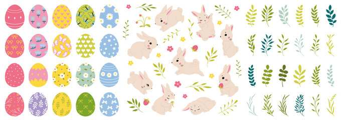 Cute Easter bunny, pattern eggs, green branches. Spring collection. Sticker design. Set of Easter themed images including Easter eggs, pretty rabbits, summer flowers. Happy Easter. Greeting card, post