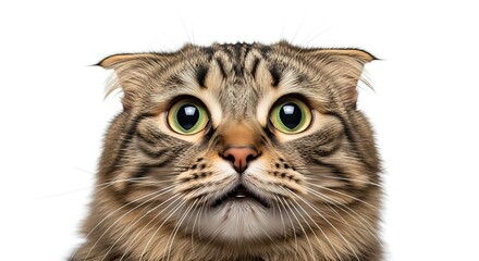 Extreme close-up, horizontal portrait of a fluffy tabby cat's face with large, wide green eyes and flattened ears.