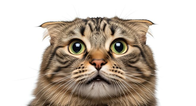 Extreme close-up, horizontal portrait of a fluffy tabby cat's face with large, wide green eyes and flattened ears.