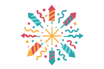 Colorful festive fireworks rockets and scattered confetti arranged in a radial pattern