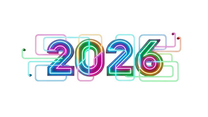 Neon-style "2026" numbers with colorful outlining and connected circuitry on black background