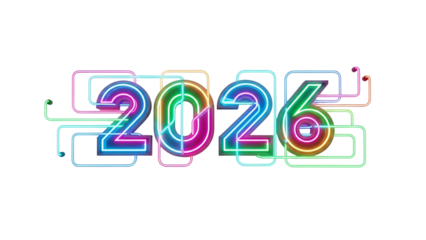 Neon-style "2026" numbers with colorful outlining and connected circuitry on black background