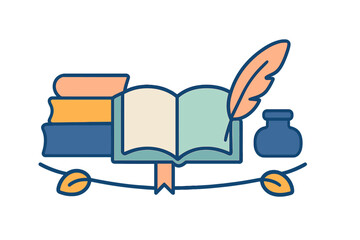 Stack of colorful books, open textbook, bookmark, quill pen, and ink bottle