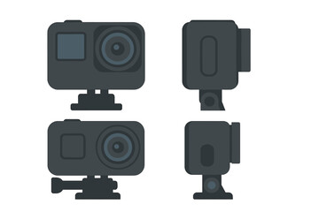 Portable digital action camera mounted on a base showing front and side views