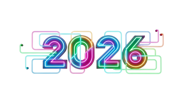 Neon-style "2026" numbers with colorful outlining and connected circuitry on black background