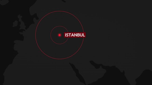 Istanbul on the map with blinking red dot representing Breaking news and earthquake concept 4k animation 