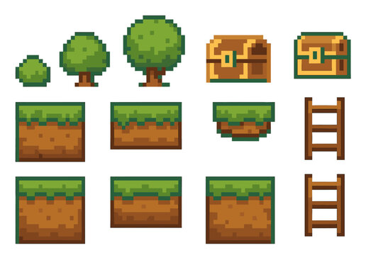 Pixel art game elements featuring natural environment objects and interactive items