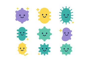 Cute smiling cartoon germs and bacteria set for hygiene and health concepts