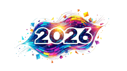 Futuristic number "2026" with colorful flowing lights on black background