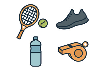 Tennis racket, ball, sneaker, water bottle, and referee whistle sports equipment set