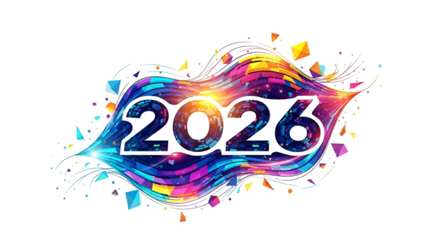 Futuristic number "2026" with colorful flowing lights on black background