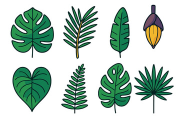 Naklejka premium Stylized tropical jungle foliage set featuring exotic palm leaves and banana flower bud