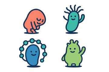 Fototapeta premium Set of four cute cartoon microbe characters with happy faces and diverse shapes
