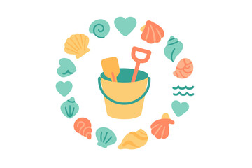 Colorful circular frame of seashells and hearts surrounding a sand bucket and shovels for summer vacation