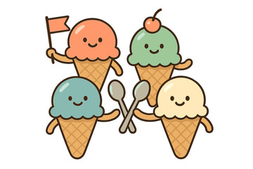 Four cute smiling ice cream cones in waffle cups holding a flag and spoons, isolated on white background