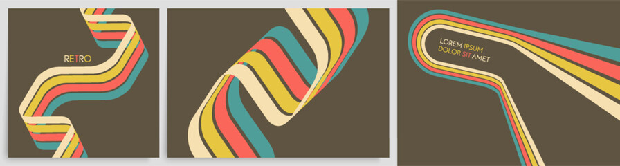 A retro 1970s-style background. Colorful lines. Abstract, dynamic curved ribbons. Designed for posters or banners for sports competitions and races. A collection of vector illustrations.