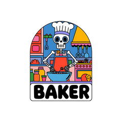 Naklejka premium Spooky skeleton baker in a colorful kitchen makes a delicious treat