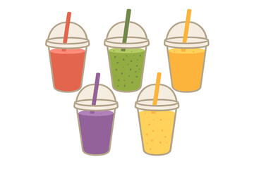 Five colorful fruit smoothies in disposable plastic cups with dome lids and straws