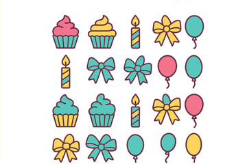 Seamless colorful pattern of festive celebration elements including cupcakes, lit candles, gift bows, and balloons