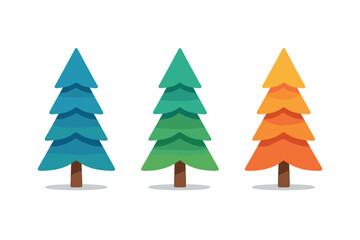 Stylized evergreen trees in blue, green, and orange isolated on white for seasonal design