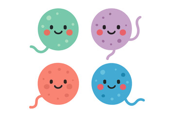 Four cute smiling cartoon microbe characters in bright colors with spots and tails