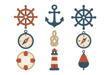Essential marine navigation and sailing equipment including anchor compass and lighthouse