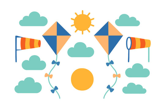 Colorful kites and windsocks flying high among clouds and bright sun in the sky