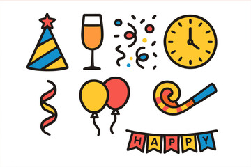 Colorful set of celebration and New Year party elements: clock, champagne, hat, balloons, and confetti