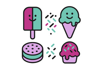 Colorful smiling frozen treats, ice cream, cupcake, and sweet baked goods set