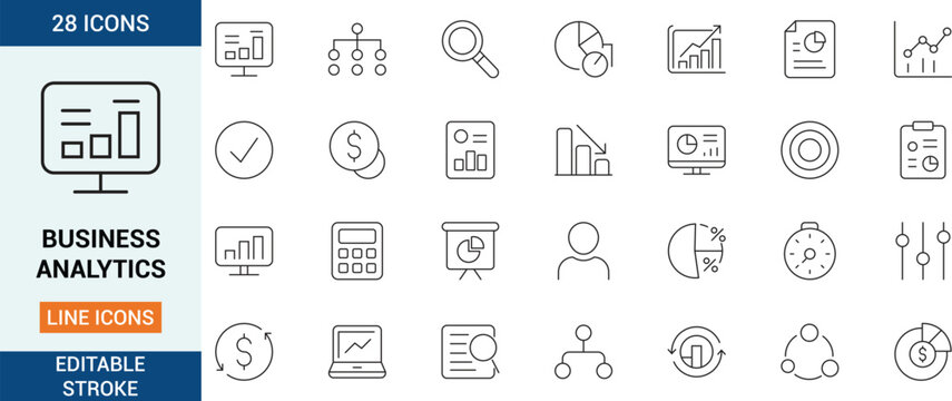 Business analytics line icon set featuring charts, graphs, data reports, dashboards, statistics, finance symbols and editable stroke elements for modern web and mobile UI design.
