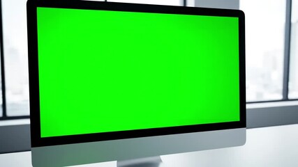 Green Screen Element with over the shoulder young man sitting at his desk in office uses desktop computer mock up close display distortion, overlay, glitch, static noise, scan lines on black - Powered by Adobe