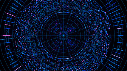 Big Data complex round graph background. Top view on quantum computing universe. Cyber space of AI technology. Futuristic graph. Digital information presentation.