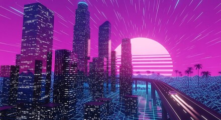Neon Cityscape at Sunset - Futuristic Urban Landscape with Skyscrapers and Road.