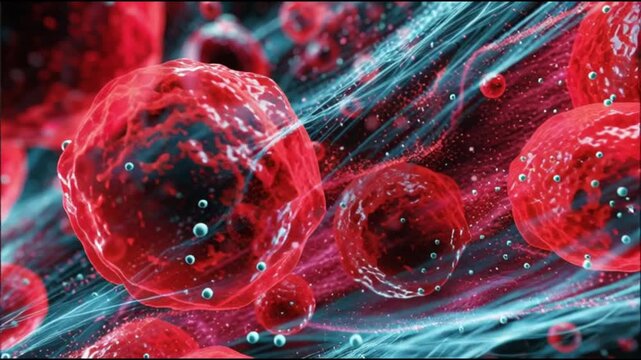 Basophil. White blood cell. Hematology. Medical science health. Abstract visualization of red blood cells in a dynamic background.