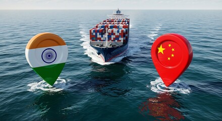 Dynamic global trade route connecting India and China by cargo ship for international business, supply chain, and import export logistics solutions