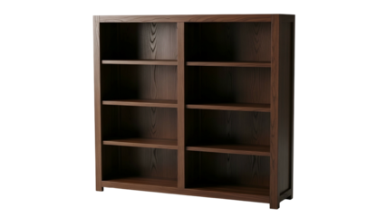 A tall, brown wooden bookshelf with multiple shelves, ideal for storage or display