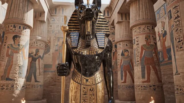 Egyptian tomb scene with Anubis statue, pillars and hieroglyphs