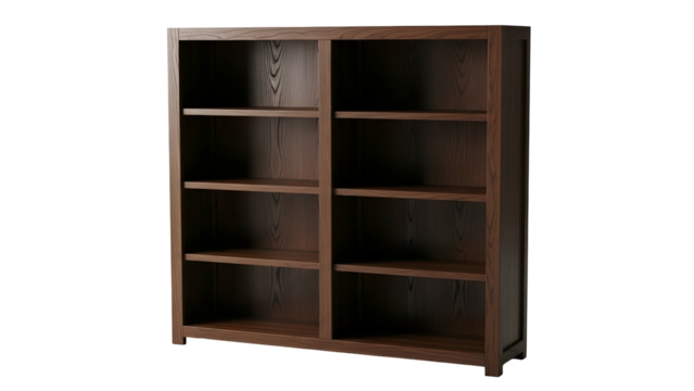 A tall, brown wooden bookshelf with multiple shelves, ideal for storage or display