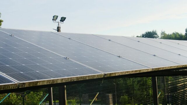 Wide array of shiny solar panels stretches across yard near floodlights. Reflective cells face sun and sturdy frame stands over fence