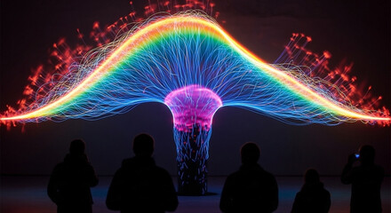Spectators observing a mesmerizing display of colorful light formations within dark ambience