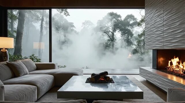 Thick white fog covering forest trees view from luxury home with fireplace