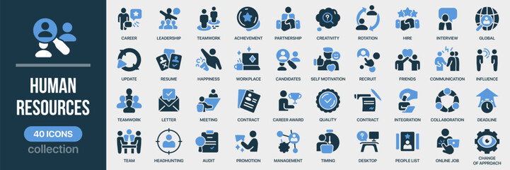 Human resources fill icon collection. Set of teamwork, recruitment, leadership, communication, motivation, and cooperation icons. Created in colored style with blue palette