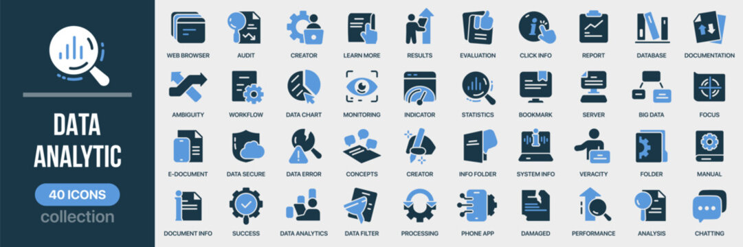 Data analytic fill icon collection. Set of statistics, charts, performance, database, and monitoring icons. Created in colored style with blue palette