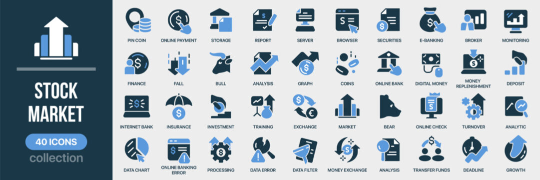 Stock market fill icon collection. Includes trade, chart, statistics, growth, risk, analysis, and exchange icons. Created in colored style with blue palette