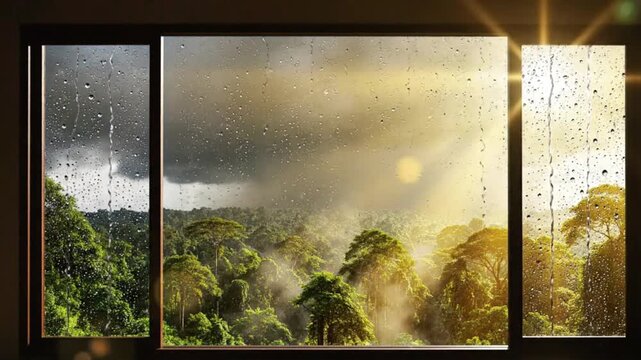 Window frame view of tropical forest with heavy rain transitioning to bright sun