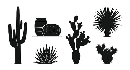 Silhouette collection of various desert cacti and agave plants in black © MdNirob