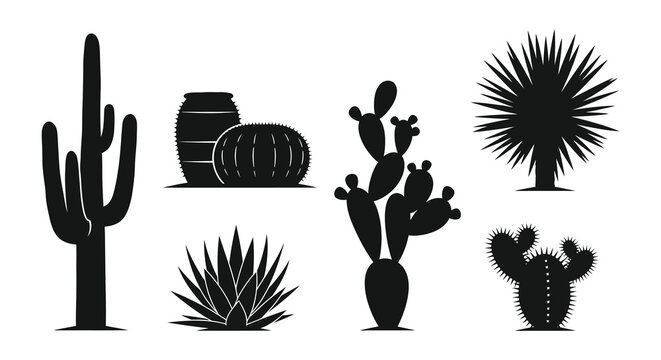 Silhouette collection of various desert cacti and agave plants in black