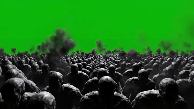 Dark Fantasy Animation with a large crowd of zombies apocalypse halloween concept 4k green screen distortion, overlay, glitch, static noise, scan lines on black background, animated video loop